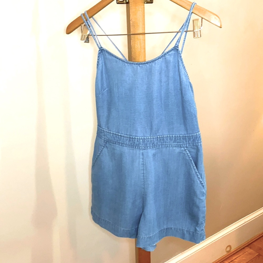 Chambray romper with crisscross back. Size 0P.